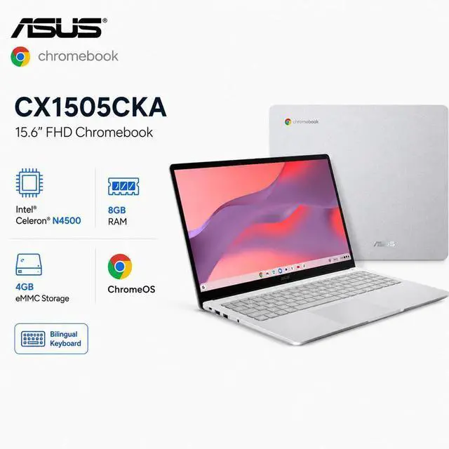 Main image of ASUS Chromebook CX1505CKA / 15.6" FHD Laptop | Intel Celeron N4500 / 8GB RAM / 4GB Storage / ChromeOS / Bilingual Keyboard