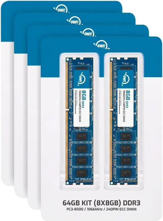 Alt view image 2 of 7 - OWC 64GB (8x8GB) DDR3 1066 PC3-8500 CL7 2Rx8 240-pin 1.5V ECC Unbuffered UDIMM Memory RAM Module Upgrade Kit for Select Desktops, Workstations, or Servers