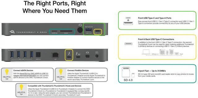 Alt view image 6 of 6 - OWC 14-Port Thunderbolt Dock, 85W charging, (2) Thunderbolt 40 Gb/s (USB-C), (5) USB 3.2 Type-A, USB 3.2 (10Gb/s) Type-C, Mini DisplayPort, GbE, Audio, Single 5K or Dual 4K Displays, cable, For Mac/PC
