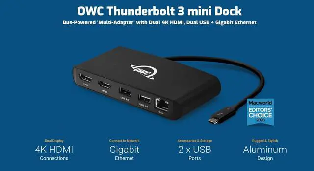 Alt view image 2 of 6 - OWC Thunderbolt Mini Dock, Bus-Powered 5-Port Multi-Adapter with Dual 4K HDMI, Dual USB, Gigabit Ethernet, Integrated 7.2-inch Thunderbolt Cable, for Thunderbolt (USB-C) Equipped Mac and PC