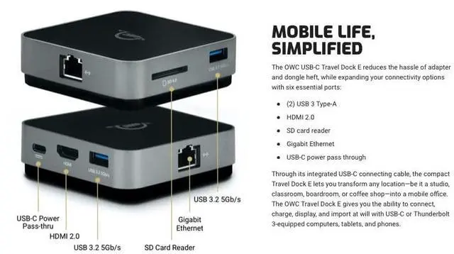 Alt view image 6 of 7 - OWC USB-C Travel Dock E, 6 Port, Bus-Powered, USB Type-C 100W Pass Through, one 4K Display, (2) USB 3.2 Type-A, HDMI, SD Card, Gigabit Ethernet, Compatible with Thunderbolt Devices