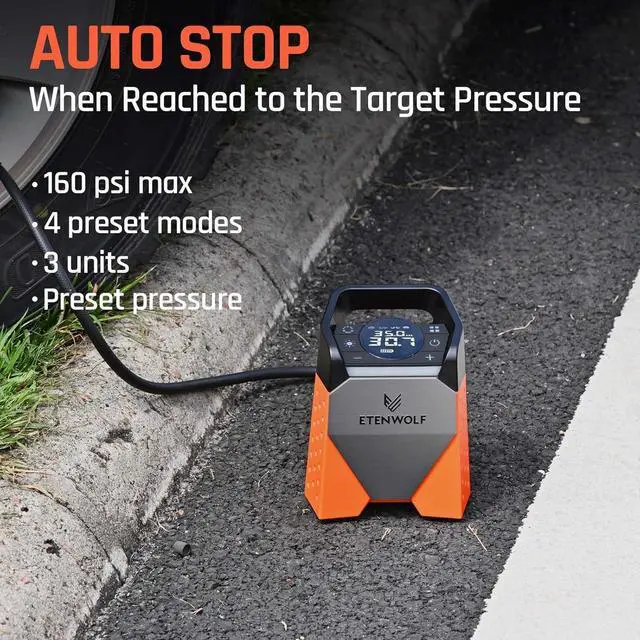Alt view image 6 of 6 - ETENWOLF ZEPHYR S3 Tire Inflator Portable Air Compressor, 1 Min Fast Inflation and 100% Duty Cycle, 160 PSI Air Pump for Cars, SUVs, Bikes, Balls (Vivid Orange)