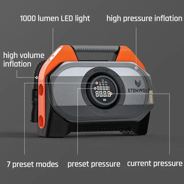 Alt view image 7 of 7 - ETENWOLF VORTEX S6 Tire Inflator Portable Air Compressor for Heavy-duty Vehicle, Cordless Air Pump for Car & Inflatables with 19200 mAh Battery, 100% Duty Cycle & Dual Cylinder Bike Pump, Vivid Orange
