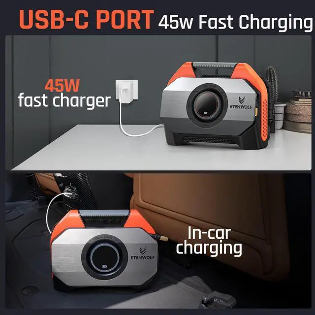 Alt view image 3 of 7 - ETENWOLF VORTEX S6 Tire Inflator Portable Air Compressor for Heavy-duty Vehicle, Cordless Air Pump for Car & Inflatables with 19200 mAh Battery, 100% Duty Cycle & Dual Cylinder Bike Pump, Vivid Orange