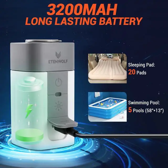 Alt view image 3 of 7 - ETENWOLF AIR 2 PRO Air Pump for Inflatables with 3200 mAh Battery, 2X Faster Inflation & Deflation, 4.5 kPa Mini Electric Air Pump for Air Mattresses, Pool Floats, Vacuum Storage Bags (Orange)