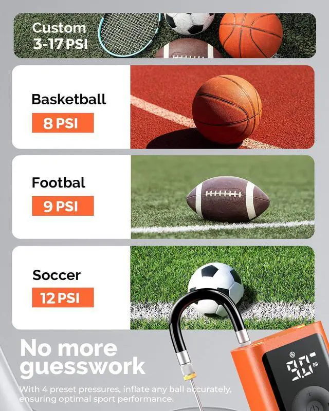 Alt view image 2 of 7 - ETENWOLF P300 Plus Ball Pump, Electric Basketball Pump Inflation and Deflation, with 3200 mAh Rechargeable Battery, Air Pump for All Sports Balls,Vivid Orange