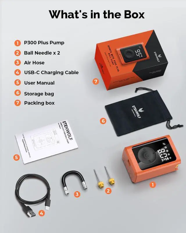 Alt view image 7 of 7 - ETENWOLF P300 Plus Ball Pump, Electric Basketball Pump Inflation and Deflation, with 3200 mAh Rechargeable Battery, Air Pump for All Sports Balls,Vivid Orange