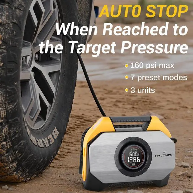Alt view image 5 of 6 - HYVOHEX Optimus T8 Tire Inflator Portable Air Compressor for Heavy-duty Vehicle, Cordless Air Pump for Car & Inflatables with 19200 mAh Battery, 100% Duty Cycle & Dual Cylinder Bike Pump,Yellow