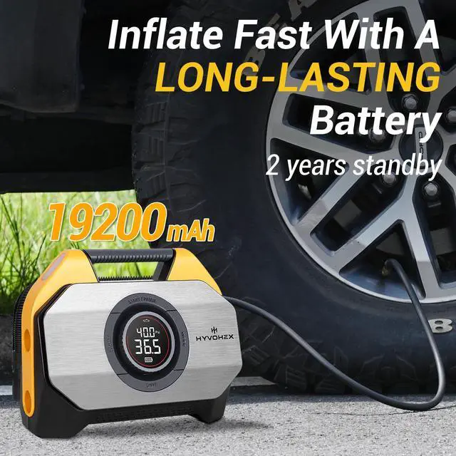 Alt view image 2 of 6 - HYVOHEX Optimus T8 Tire Inflator Portable Air Compressor for Heavy-duty Vehicle, Cordless Air Pump for Car & Inflatables with 19200 mAh Battery, 100% Duty Cycle & Dual Cylinder Bike Pump,Yellow