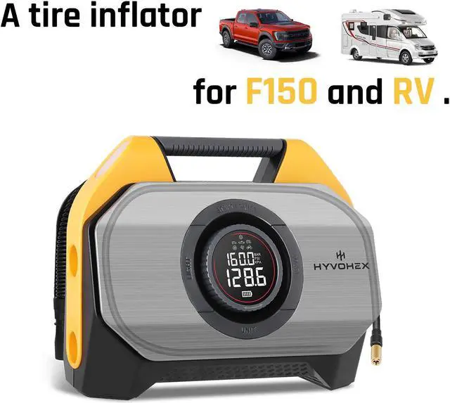 Main image of HYVOHEX Optimus T8 Tire Inflator Portable Air Compressor for Heavy-duty Vehicle, Cordless Air Pump for Car & Inflatables with 19200 mAh Battery, 100% Duty Cycle & Dual Cylinder Bike Pump,Yellow