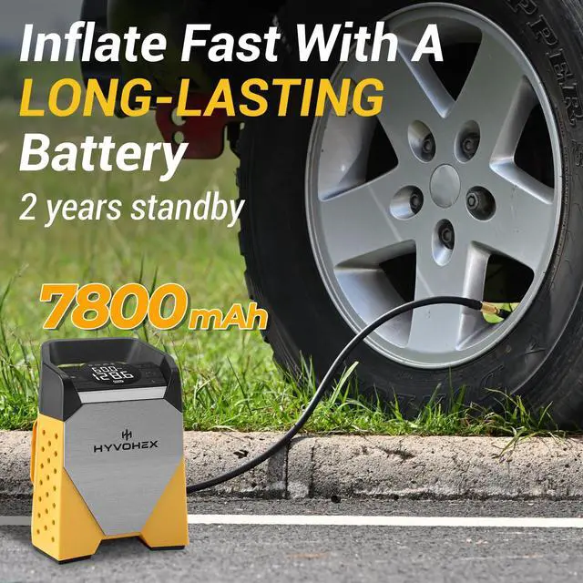 Alt view image 2 of 6 - HYVOHEX T5 Tire Inflator with 7800mAh Battery | 160PSI Fast Air Pump for Cars, Bikes | 1-Min Inflation, Digital Display, LED Light