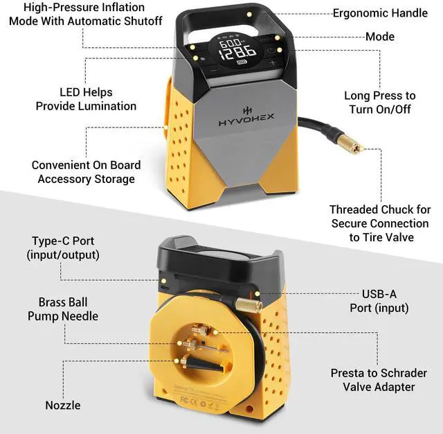 Alt view image 6 of 6 - HYVOHEX T5 Tire Inflator with 7800mAh Battery | 160PSI Fast Air Pump for Cars, Bikes | 1-Min Inflation, Digital Display, LED Light