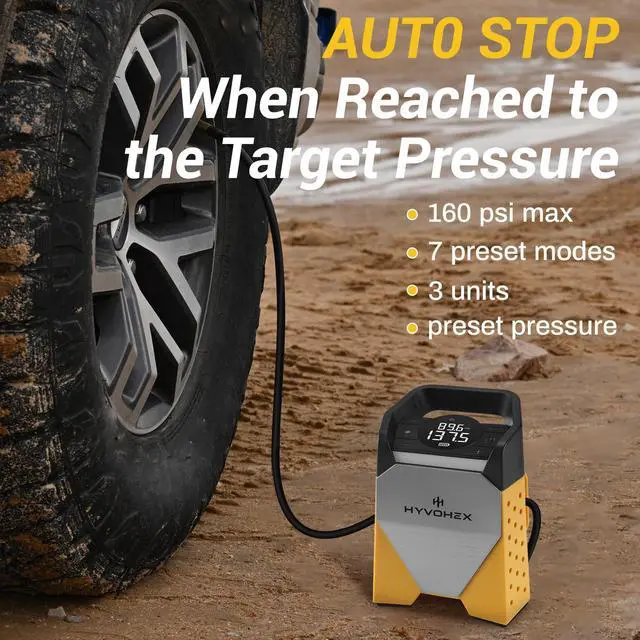 Alt view image 5 of 6 - HYVOHEX T5 Tire Inflator with 7800mAh Battery | 160PSI Fast Air Pump for Cars, Bikes | 1-Min Inflation, Digital Display, LED Light