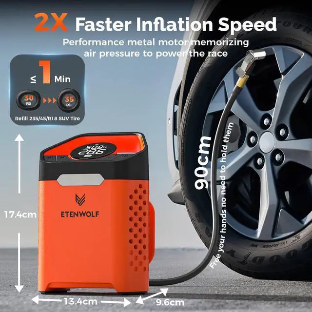 Alt view image 2 of 6 - ETENWOLF ZEPHYR V3 Portable Car Compressor 160 PSI 100% Duty Cycle Car Tire Inflator 7800mAh For Cars Motorcycles Bicycles Balls