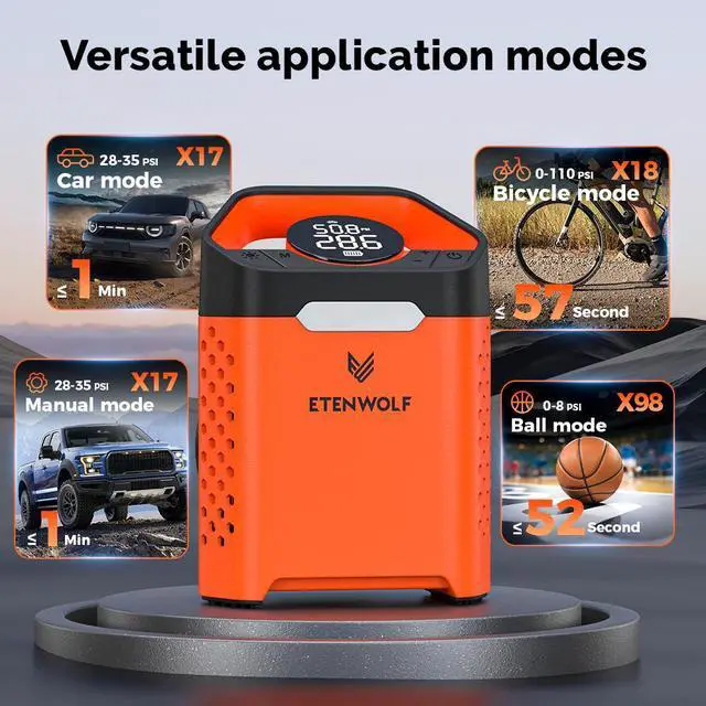 Alt view image 3 of 6 - ETENWOLF ZEPHYR V3 Portable Car Compressor 160 PSI 100% Duty Cycle Car Tire Inflator 7800mAh For Cars Motorcycles Bicycles Balls