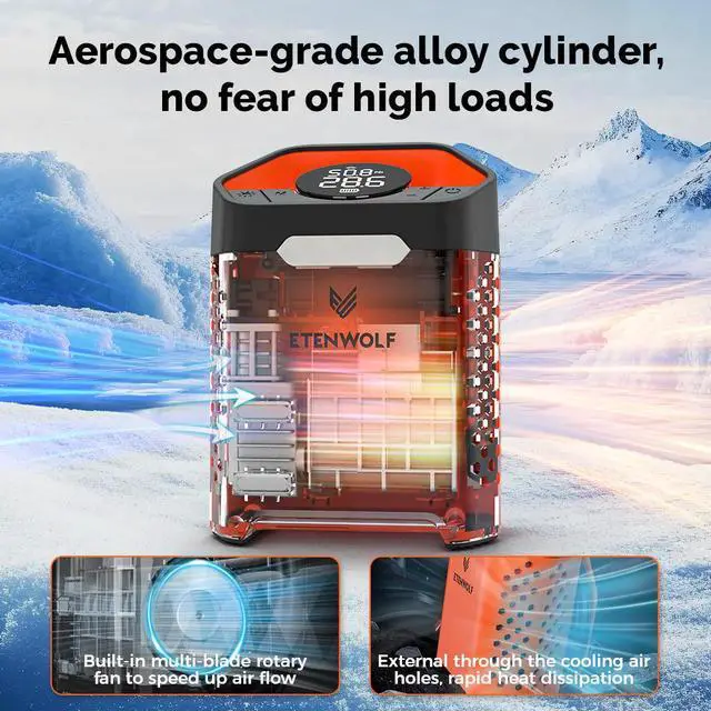 Alt view image 4 of 6 - ETENWOLF ZEPHYR V3 Portable Car Compressor 160 PSI 100% Duty Cycle Car Tire Inflator 7800mAh For Cars Motorcycles Bicycles Balls