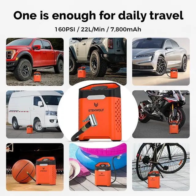 Alt view image 6 of 6 - ETENWOLF ZEPHYR V3 Portable Car Compressor 160 PSI 100% Duty Cycle Car Tire Inflator 7800mAh For Cars Motorcycles Bicycles Balls