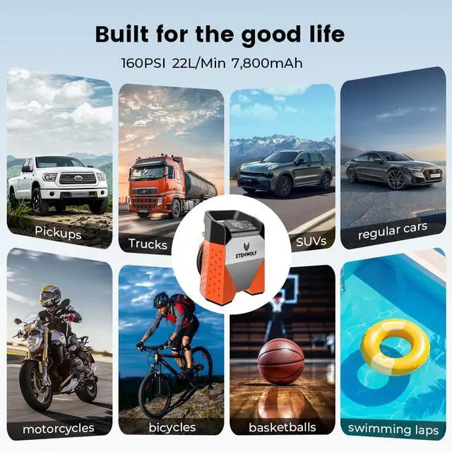 Alt view image 6 of 6 - ETENWOLF S3C Portable Car Inflator Pump 7800mAh 160 PSI Wireless Tire Compressor LED Light Electric Air pump Tools Powerbank
