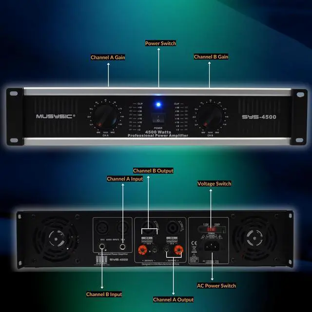 Alt view image 4 of 6 - MUSYSIC 2 Channel Power Amplifier Distortion Free and Clear Sound - Professional 2U Chassis Rack Mount Amplifiers for DJs/Experts/Events w/ATR Technology/XLR and 1/4 Inch Inputs - 4500 Watts - OEM