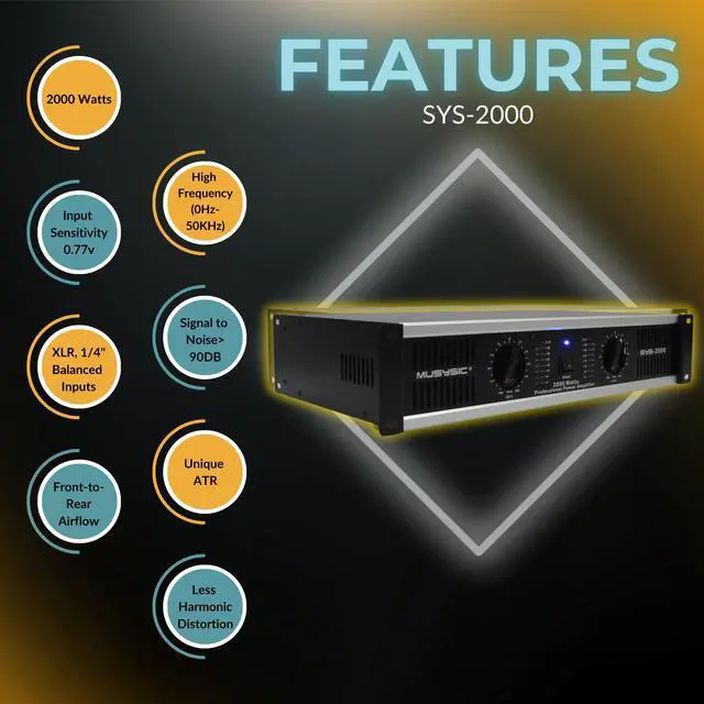 Alt view image 2 of 6 - MUSYSIC 2 Channel Power Amplifier Distortion Free and Clear Sound - Professional 2U Chassis Rack Mount Amplifiers for DJs/Experts/Events w/ATR Technology/XLR and 1/4 Inch Inputs - 2000Watts - OEM