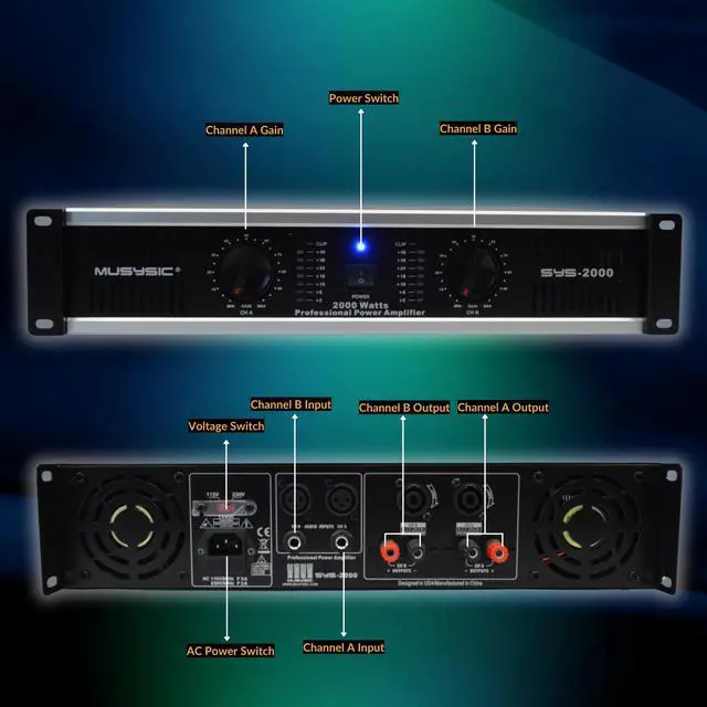 Alt view image 4 of 6 - MUSYSIC 2 Channel Power Amplifier Distortion Free and Clear Sound - Professional 2U Chassis Rack Mount Amplifiers for DJs/Experts/Events w/ATR Technology/XLR and 1/4 Inch Inputs - 2000Watts - OEM