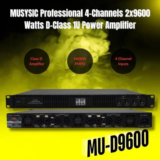 Alt view image 2 of 6 - MUSYSIC Professional 4-Channel Amplifier  2x9600 Watts D-Class 1U Power Amp MU-D9600 High Performance Amplifier with Stereo & Bridge Power for Professional Use in Concerts & Functions and at Home
