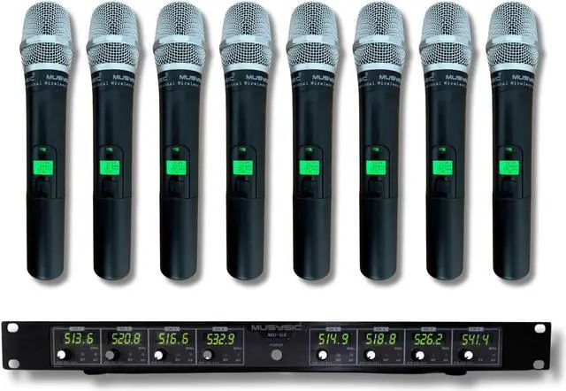 Main image of MUSYSIC 8-Channel Professional Wireless UHF Microphone System, 300ft Range Fixed Frequency Dynamic Handheld Microphones for Singing, Karaoke, Church, DJ (Frequency Set 1)