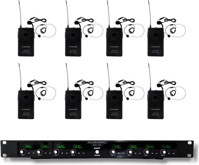 Main image of MUSYSIC 8-Channel Professional Wireless UHF Microphone System, 300ft Range Fixed Frequency Bodypack Headset/Lapel Microphones for Singing, Karaoke, Church, DJ (Frequency Set 2)
