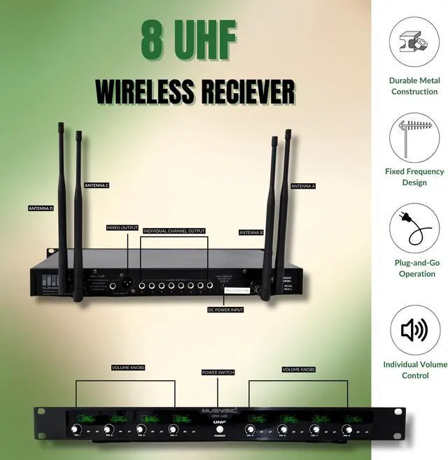 Alt view image 3 of 7 - MUSYSIC 8-Channel Professional Wireless UHF Microphone System, 300ft Range Fixed Frequency Bodypack Headset/Lapel Microphones for Singing, Karaoke, Church, DJ (Frequency Set 2)