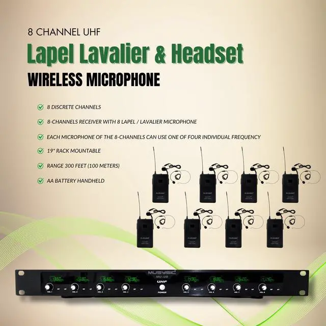Alt view image 2 of 7 - MUSYSIC 8-Channel Professional Wireless UHF Microphone System, 300ft Range Fixed Frequency Bodypack Headset/Lapel Microphones for Singing, Karaoke, Church, DJ (Frequency Set 2)