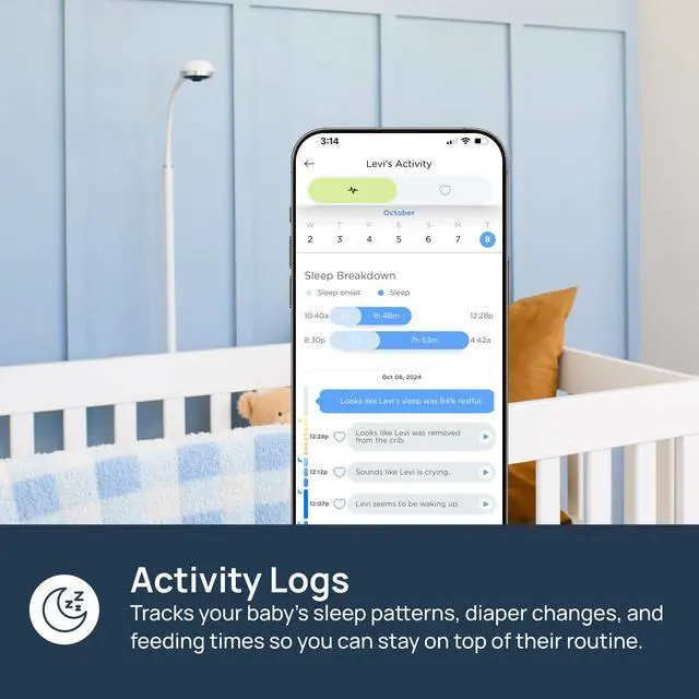 Alt view image 6 of 7 - Luna Home Baby Eye Smart Baby Monitor & Floor Stand, Zero Wearables, Sensor-Free Sleep Breathing Motion Tracker, Cry Detection, Night Vision, 2-Way Audio, AI Monitoring, Baby Camera with Phone App
