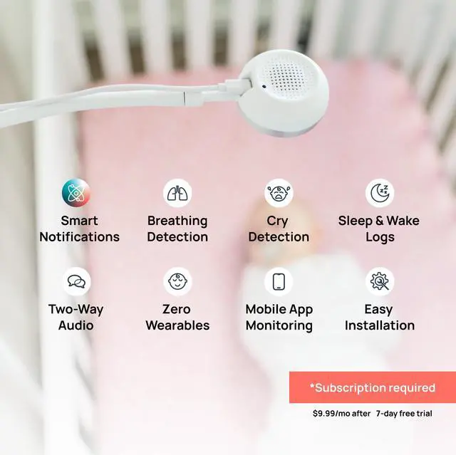 Alt view image 2 of 7 - Luna Home Baby Eye Smart Baby Monitor & Floor Stand, Zero Wearables, Sensor-Free Sleep Breathing Motion Tracker, Cry Detection, Night Vision, 2-Way Audio, AI Monitoring, Baby Camera with Phone App