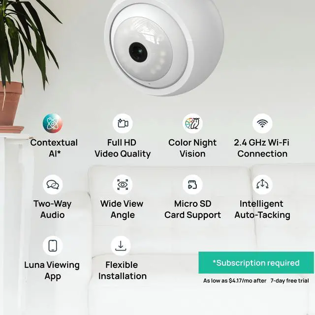 Alt view image 2 of 7 - LUNA HOME 2K Light Bulb Security Cameras Wireless Outdoor Indoor 360° Pan & Tilt 2K Full Color Day/Night, Motion Detection, Two-way Audio, 2.4GHz Wi-Fi, Smart Contextual AI Alerts