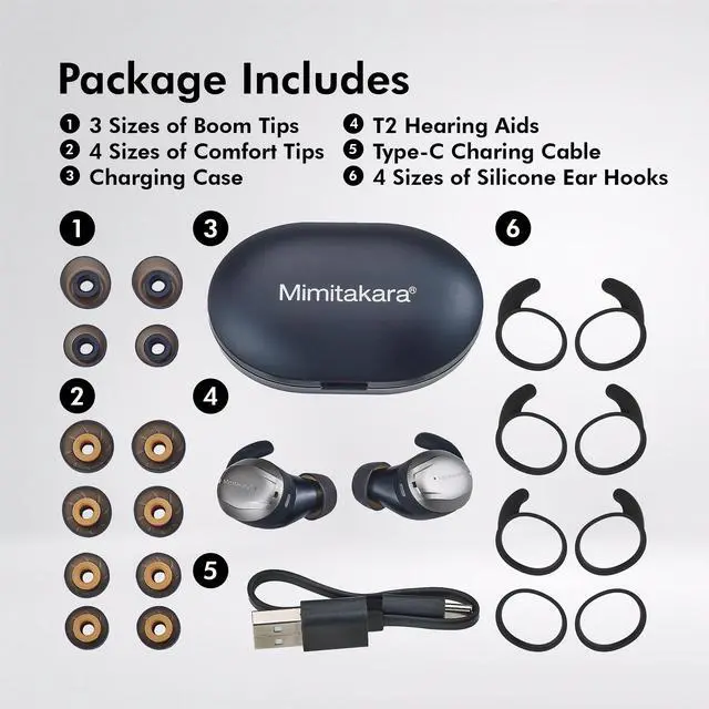 Alt view image 7 of 7 - Mimitakara Bluetooth TWS goodHearing T2 OTC Hearing Aid (Black)