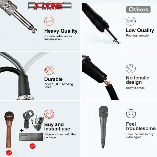 Alt view image 16 of 20 - 5 Core Mic Karaoke Dynamic Handheld XLR Microphone for Professional Vocal Recording Live Stage Singing Music Neodymium 1/4 Corded Wired Micrófono - ND-959 Elantra