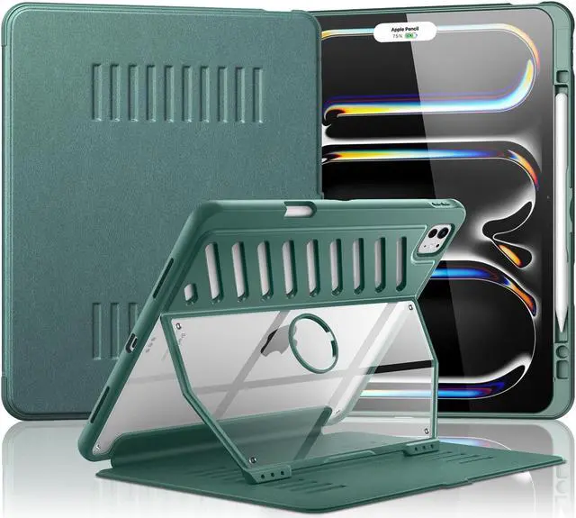 Main image of MoKo for iPad Pro 13 inch Case 2024 with Built-in Pencil Holder, [10 Strong Magnetic Viewing angles, Shockproof, Protective, Clear Back Cover] Military Rugged Case for iPad Pro 13 2024, Midnight Green