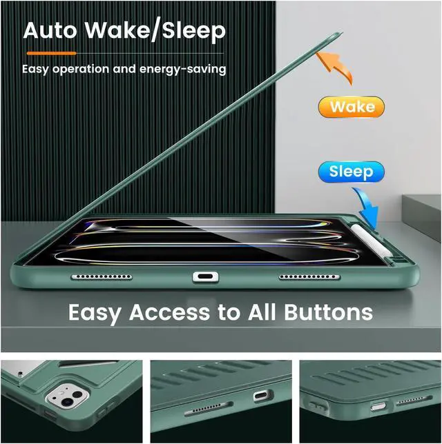 Alt view image 5 of 5 - MoKo for iPad Pro 13 inch Case 2024 with Built-in Pencil Holder, [10 Strong Magnetic Viewing angles, Shockproof, Protective, Clear Back Cover] Military Rugged Case for iPad Pro 13 2024, Midnight Green