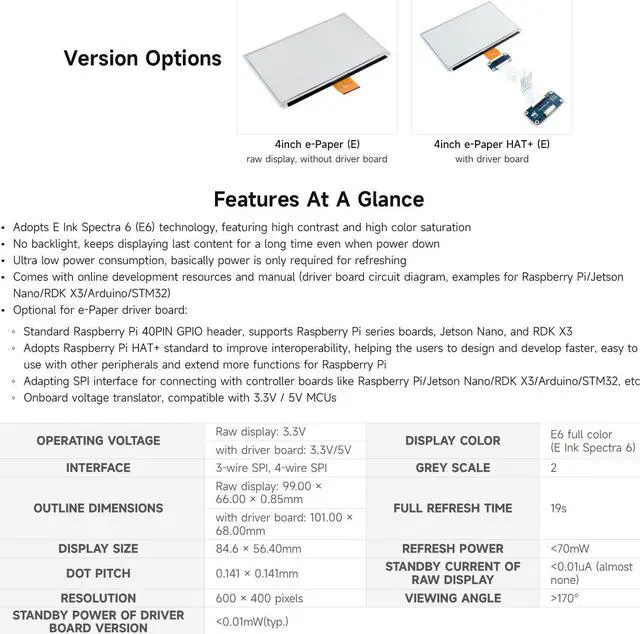 Alt view image 4 of 5 - Waveshare 4inch E Ink Spectra 6 (E6) Full Color E-Paper Display, Compatible with Raspberry Pi 5/4B/3B/Zero/Zero W/Zero 2W/Pico/Pico W/Pico WH, Jetson Nano and RDK X3, with HAT+ Standard Driver Board