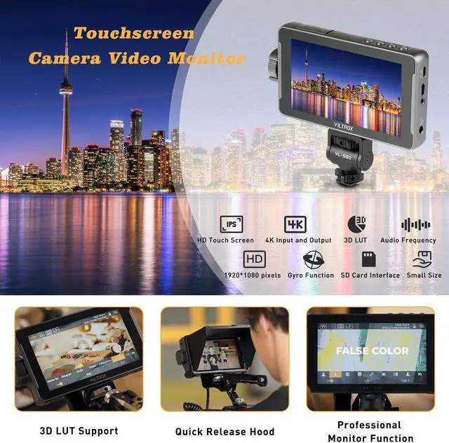 Alt view image 2 of 5 - VILTROX DC550 DC-550 DSLR Camera Field Monitor - 5.5-inch Touch Screen Camera Monitor with Sunshade Hood/Battery 3D LUT HDR 4K HDMI in and Out Exposure Focus Assist Waveform Monitor