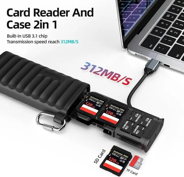Alt view image 2 of 5 - TELESINdeg High-Speed SD Card Reader, 312MB/S USB 3.1 Type-C Dual Slots Micro SD/TF Card Carrying Case Holder for Cameras, Smartphones, Drones, Action Cameras Plug and Play.