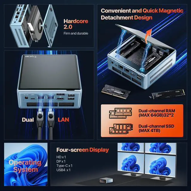 Alt view image 2 of 5 - Trycoo Mini PC Windows 11 6900HX 32GB RAM 1TB PCIe4.0 SSD Mini Desktop Computer with AMD Ryzen 9 (4.9GHz) Processor 6C/8T Radeon 680M Graphic Support Four Screen Displays WiFi6 BT5.2 Type-C USB4.0 LAN
