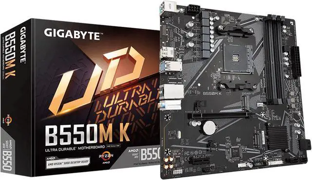 Main image of GIGABYTE B550M K Motherboard, Supports AMD AM4 Ryzen 5000 Processors, Micro-ATX, DDR4, Dual M.2, SATA 6Gb/s, Realtek GbE LAN, PCIe 4.0