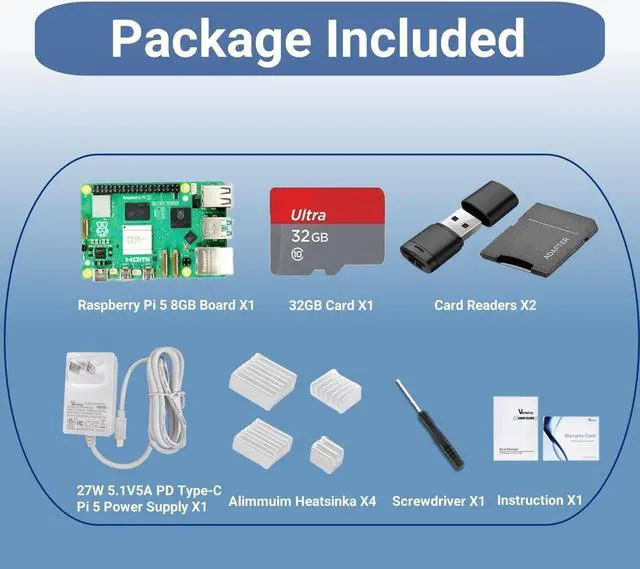 Alt view image 2 of 5 - Vemico Raspberry Pi 5 Kit 8GB RAM with 32GB Card Readers Kit, 27W 5.1V5A PD Power Supply for Raspberry Pi 5, Aluminum Heatsinks 4pcs and Pi 5 8GB Board