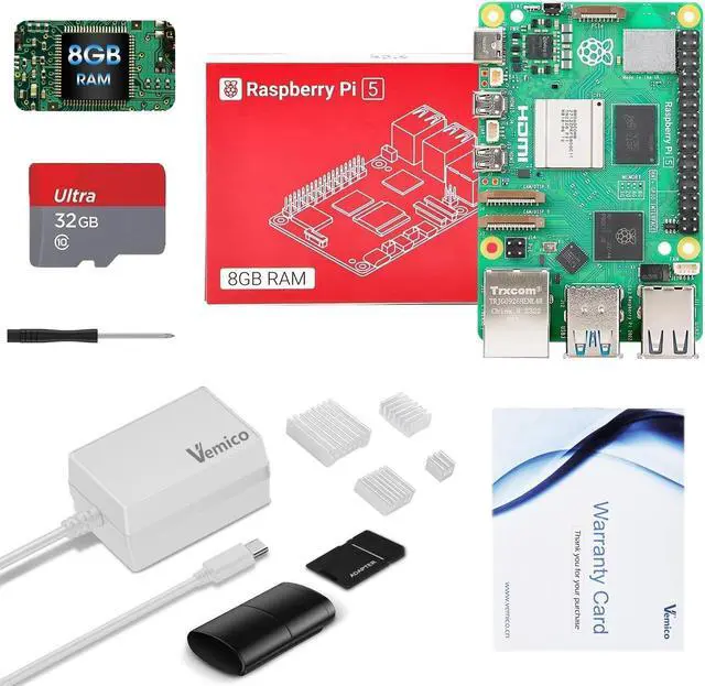 Main image of Vemico Raspberry Pi 5 Kit 8GB RAM with 32GB Card Readers Kit, 27W 5.1V5A PD Power Supply for Raspberry Pi 5, Aluminum Heatsinks 4pcs and Pi 5 8GB Board