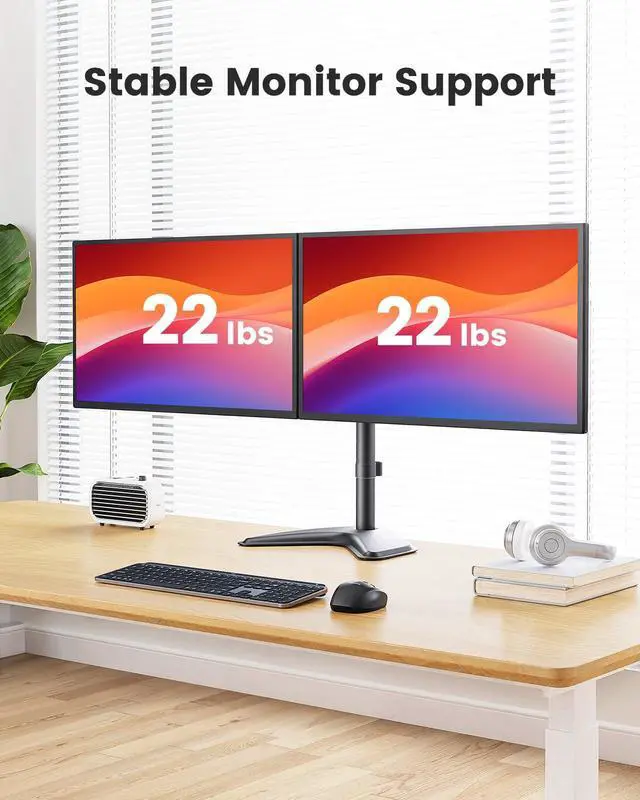 Alt view image 3 of 5 - ErGear Freestanding Dual Monitor Stand for 2 Screens up to 32 inch, Heavy Duty Monitor Mount Holds Max 22 lbs per Arm, Height Adjustable Computer Monitor Stand for Desk, VESA 75x75/ 100x100mm, Black