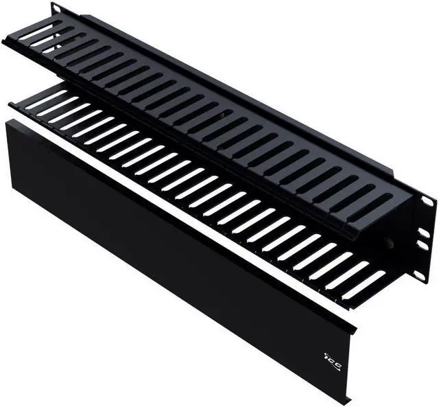 Main image of ICC Finger Duct Panel Manager with Cover, 2U Rack Mount Space, Black Powder Coat Finish, Cable Management for 19" Racks and Cabinets, Plastic, 3" Horizontal Deep with Metal Back Panel, Pack of 1