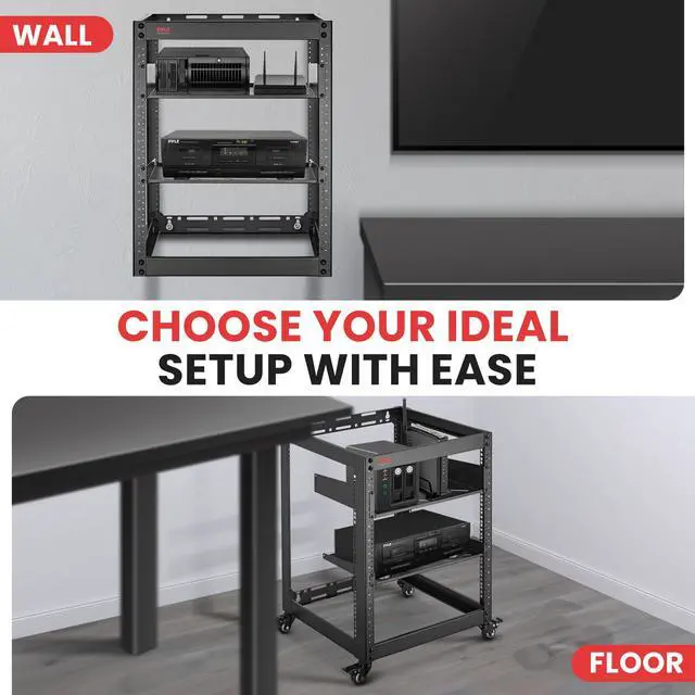 Alt view image 2 of 5 - 15U Server Rack Network Cabinet - Open Frame Rack, Wall Mountable Heavy Duty Designs for Servers & AV Gear | Compatible with 19" Equipment Standard (Black)