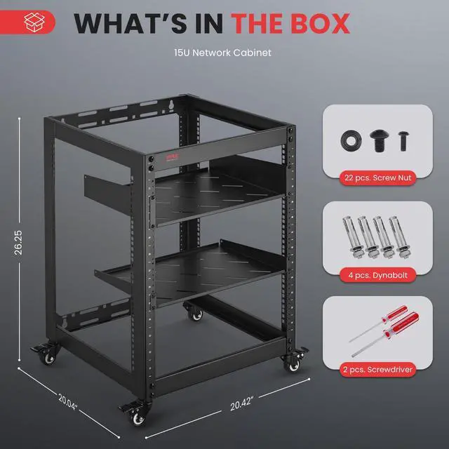 Alt view image 5 of 5 - 15U Server Rack Network Cabinet - Open Frame Rack, Wall Mountable Heavy Duty Designs for Servers & AV Gear | Compatible with 19" Equipment Standard (Black)