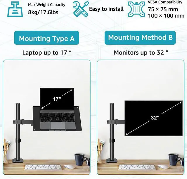Alt view image 2 of 5 - MOUNTUP Single Laptop Tray Desk Mount for 13-17 Inch Laptop Notebook, Fully Adjustable Laptop Arm, Full Motion Laptop Stand, Holds up to 17.6lbs, with Clamp/Grommet Mounting, MU4001-A