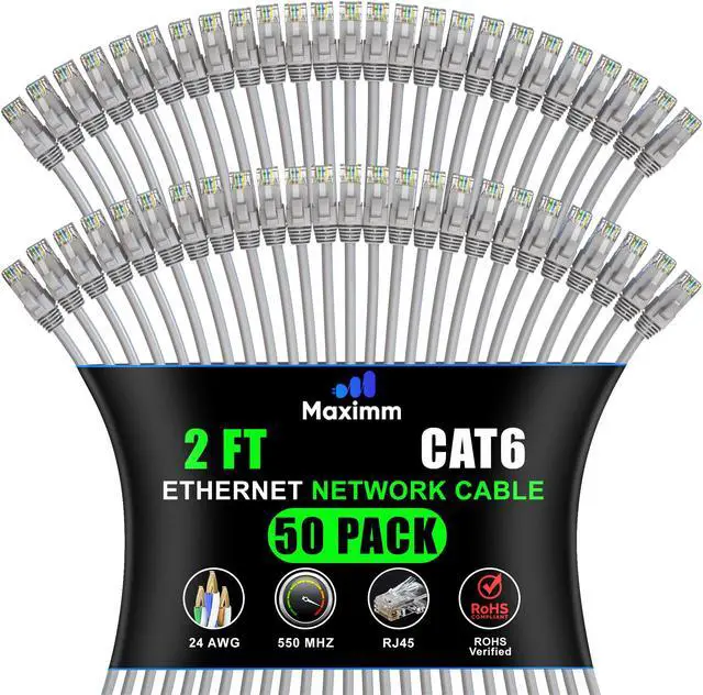 Main image of Maximm Cat 6 Ethernet Cable 2 Ft, (50-Pack) Cat6 Cable, LAN Internet and Network - UTP (Gray) 2 Feet